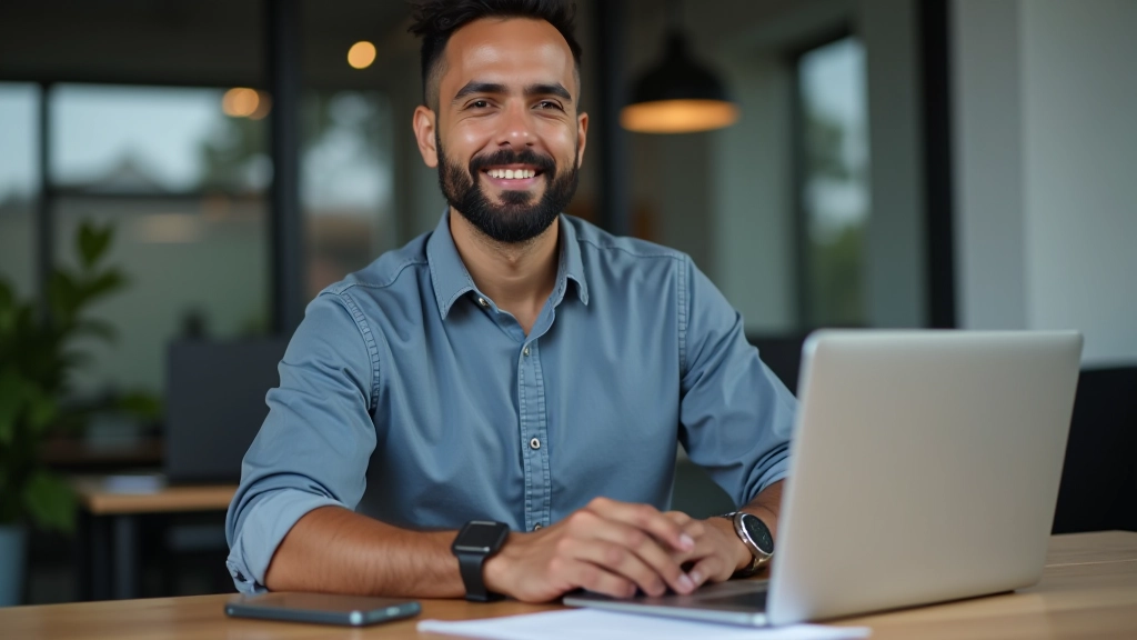 Designer sitzt am Schreibtisch und arbeitet an responsive Layouts auf mehreren Geräten — Laptop, Tablet und Smartphone nebeneinander