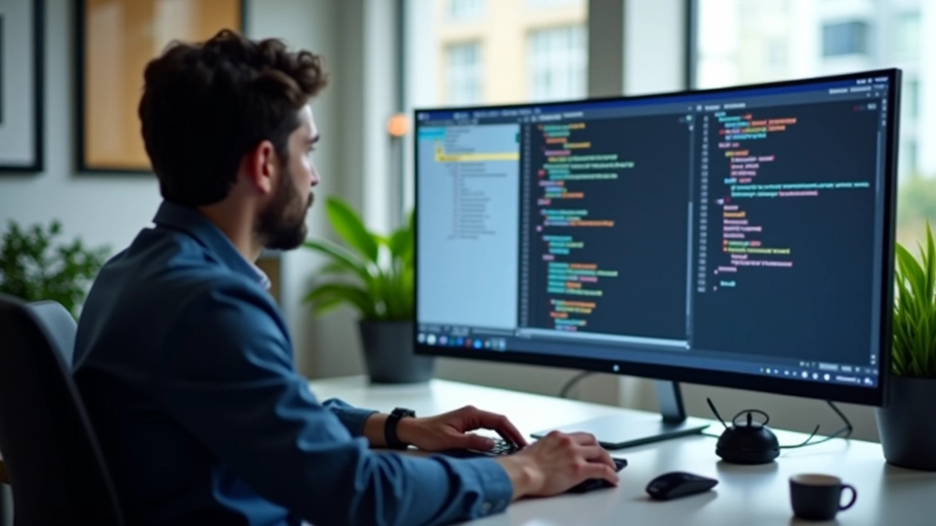 Designerin arbeitet an responsivem Layout auf großem Monitor mit CSS-Code